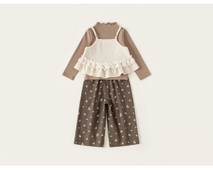 Ensemble 3 pièces fille avec haut marron, gilet en dentelle et pantalon à fleurs