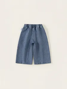 Pantaloni jeans a gamba larga blu medio per bambina con vita elastica in cotone