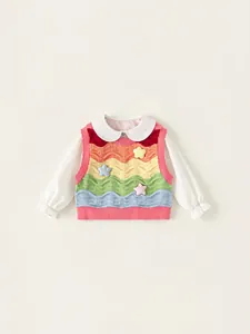 Girls Rainbow Wavy Stripe Knitted Vest and White Polka Dot Shirt 2-Piece Set Cute Peter Pan Collar Long Sleeve Top Outfit