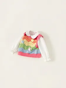 Girls' two-piece set with white polka dot Peter Pan collar shirt and rainbow knit vest