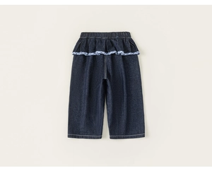 Detailed view of kids dark blue denim wide leg pants with ruffled waist and plaid trim