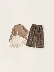 Ensemble de Vêtements 3 Pièces pour Filles Style Mori Haut à Manches Longues Débardeur à Volants Pantalon Large Imprimé Floral
