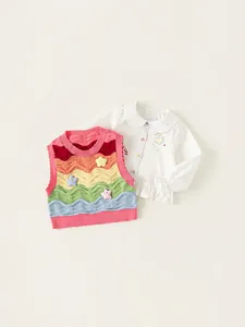 Girls' colorful wavy knit vest and white polka dot shirt two-piece set outfit