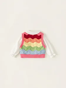 Girls white polka dot shirt with rainbow wavy knit sweater vest two-piece clothing set