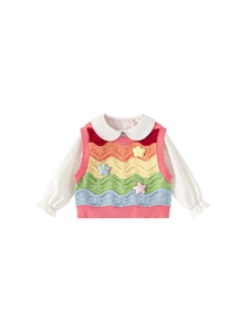 Girls' white Peter Pan collar shirt with a colorful striped knit sweater vest set