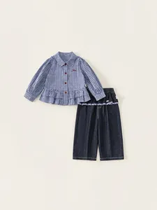 Girls Preppy Plaid Gingham Shirt Denim Pants Matching Outfit Ruffle Hem Long Sleeve Children Casual School Clothes Set