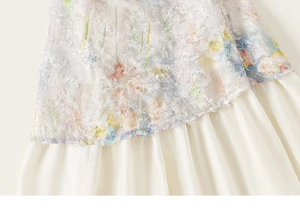 Gros plan sur un tissu jacquard floral avec des détails de fleurs 3D roses, jaunes et bleues