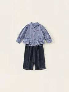 Girls' plaid shirt and wide-leg denim jeans two-piece set with Peter Pan collar