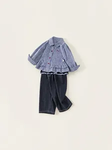 Girls' plaid shirt and navy trousers two-piece set with ruffle hem and red accents
