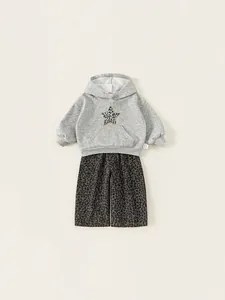 Set Completo Casual per Bambini con Felpa con Cappuccio Stella Leopardata e Pantaloni a Gamba Larga Grigio Melange