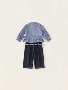 Girls gingham long sleeve shirt and wide-leg denim jeans set with ruffle hem