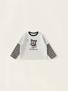 Maglietta a Maniche Lunghe per Bambini Finto Due Pezzi Maniche a Righe Cotone Casual Top per Ragazzi Ragazze Gatto Cartoon Pullover