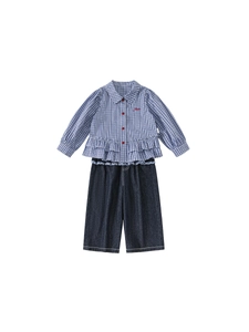 Girls school style set with blue plaid ruffle hem shirt and dark denim wide leg pants