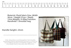 Detailed size specifications for minimalist wool tote bags in three distinct plaid patterns