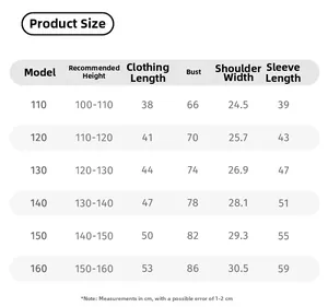 Detailed size chart for girls red plaid t-shirt showing height and measurements in cm