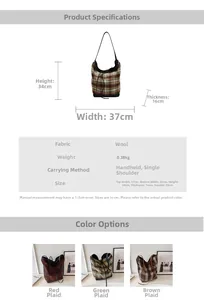 Detailed specs of wool fabric plaid tote bag with dimensions and color options