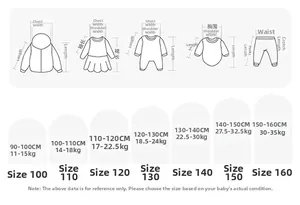 Detaillierte Größentabelle für Mädchen-Set mit Maßen für Körpergröße von 90 bis 160 cm