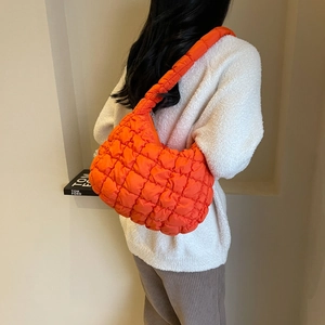 Chic bright orange pleated nylon shoulder bag with diamond quilting and puffy design