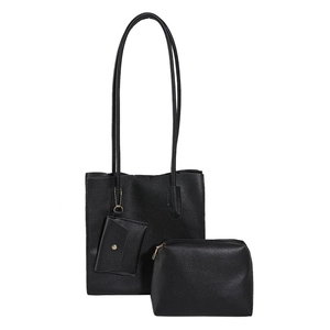 Three-piece black lychee pattern PU leather tote bag set with gold hardware details