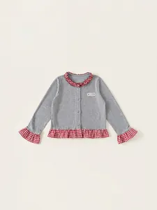 Sweet Girls Long Sleeve Ribbed Knit T-Shirt Grey With Red Gingham Ruffle Trim Patchwork Slim Top For Spring Autumn Kids Clothes