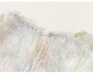 Détail de l'encolure de robe à fleurs avec dentelle, tissu texturé 3D et bouton perle