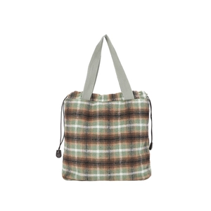 Minimalist wool plaid tote bag with brown checkered pattern and grey woven handles