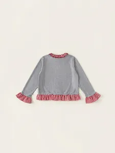 Girls long sleeve grey knit top with red plaid ruffled collar and cuffs design