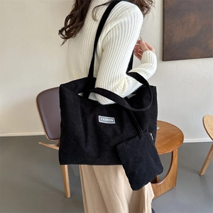 Women Corduroy Tote Bag With Small Pouch Large Capacity Fashion Letter Patch Shoulder Bag Solid Color Casual Commuting Handbag