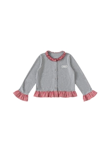 Girls long sleeve grey knit cardigan with red gingham ruffle trim and button closure