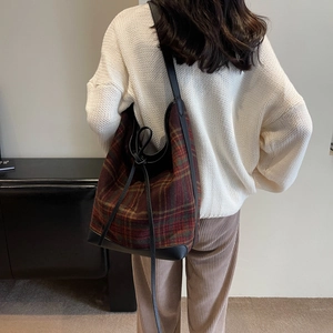 Winter plaid hobo tote bag with leather straps and retro wool fabric style