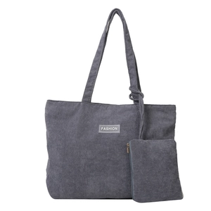 Gray corduroy tote bag set with small pouch and fashion tag for women winter