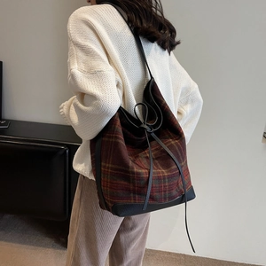 Winter plaid shoulder bag with red-brown wool fabric and black leather trim for women