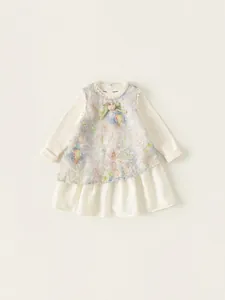 Ensemble Deux Pièces en Polyester Doux pour Filles Robe Sans Manches Florale et Chemise en Tricot à Côtes Manches Longues