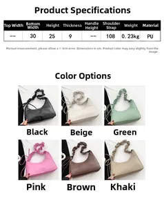 Tableau des tailles et dimensions du sac hobo en similicuir avec six options de couleurs