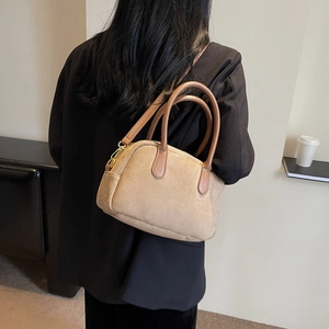 Chic khaki suede Boston handbag with dark brown handles for autumn winter fashion style