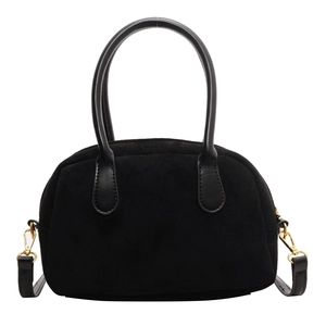 Minimalist black faux suede shell crossbody bag with adjustable strap and gold hardware