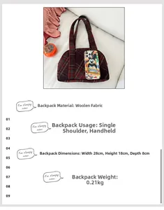 Detail view of red and green plaid wool tote bag with size specs 28x18x8cm and weight 0.21kg