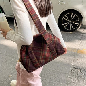 Chic vintage plaid wool shoulder bag in dark red and green tones for winter fashion