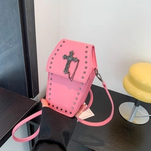 Gothic Coffin Shape Shoulder Bag For Women PU Leather Rivet Cross Skull Decor Punk Crossbody Bag Dark Academia Style Small Square Bag