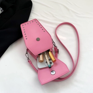 Pink coffin-shaped gothic shoulder bag with silver rivets and metal chain strap
