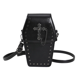 Gothic coffin-shaped crossbody bag in black leather with metal cross and silver studs