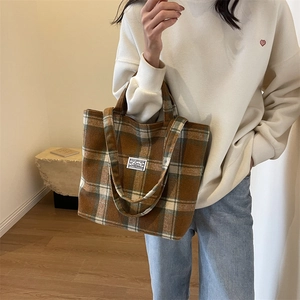 Chic brown plaid tote bag in premium wool blend fabric for winter shoulder carry style