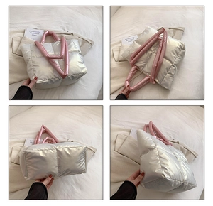 Quilted silver down tote bag with pink padded handles showing front, side and bottom views