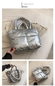 Silver quilted down puffer tote bag with square pattern and soft padded top handles