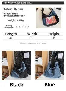 Tabella taglie per borsa in denim con dimensioni 40x13x35cm e peso specifico di 0,33kg