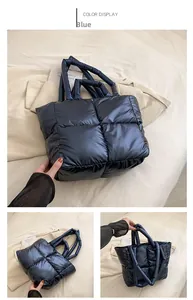 Quilted blue puffy handbag in shiny nylon with versatile shoulder and tote straps
