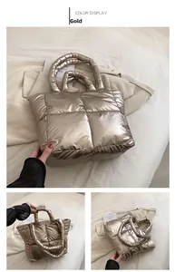Chic metallic gold puffer tote bag with quilted square patterns and padded top handles
