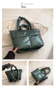 Modern quilted green puffer tote bag with metallic gloss and soft padded handles