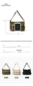 Size chart for large canvas messenger bag showing 46cm width and iPad air comparison