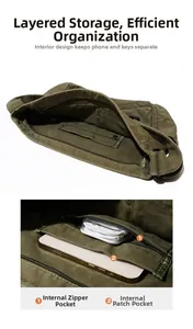 Detail view of military green canvas bag featuring internal zipper and patch pockets